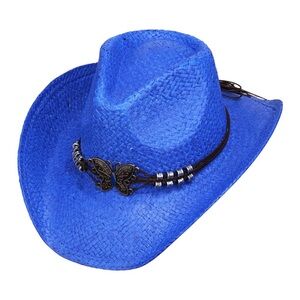 Blue Antique Metal Butterfly Pointed Western Straw Cowboy Fedora Hat